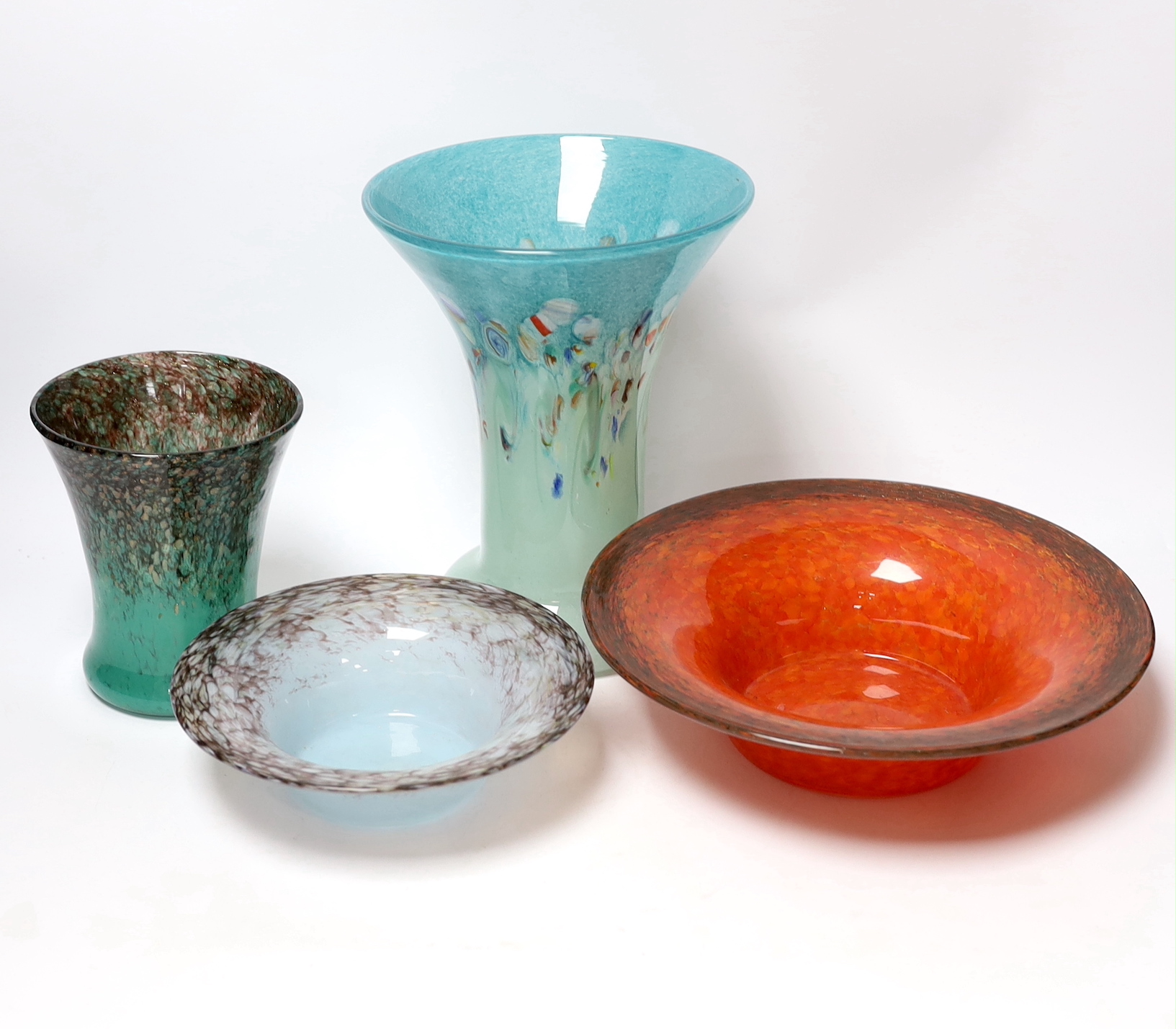 A Vasart or Strathearn mottled glass vase, a Monart glass small vase and two similar bowls (4) tallest 24cm